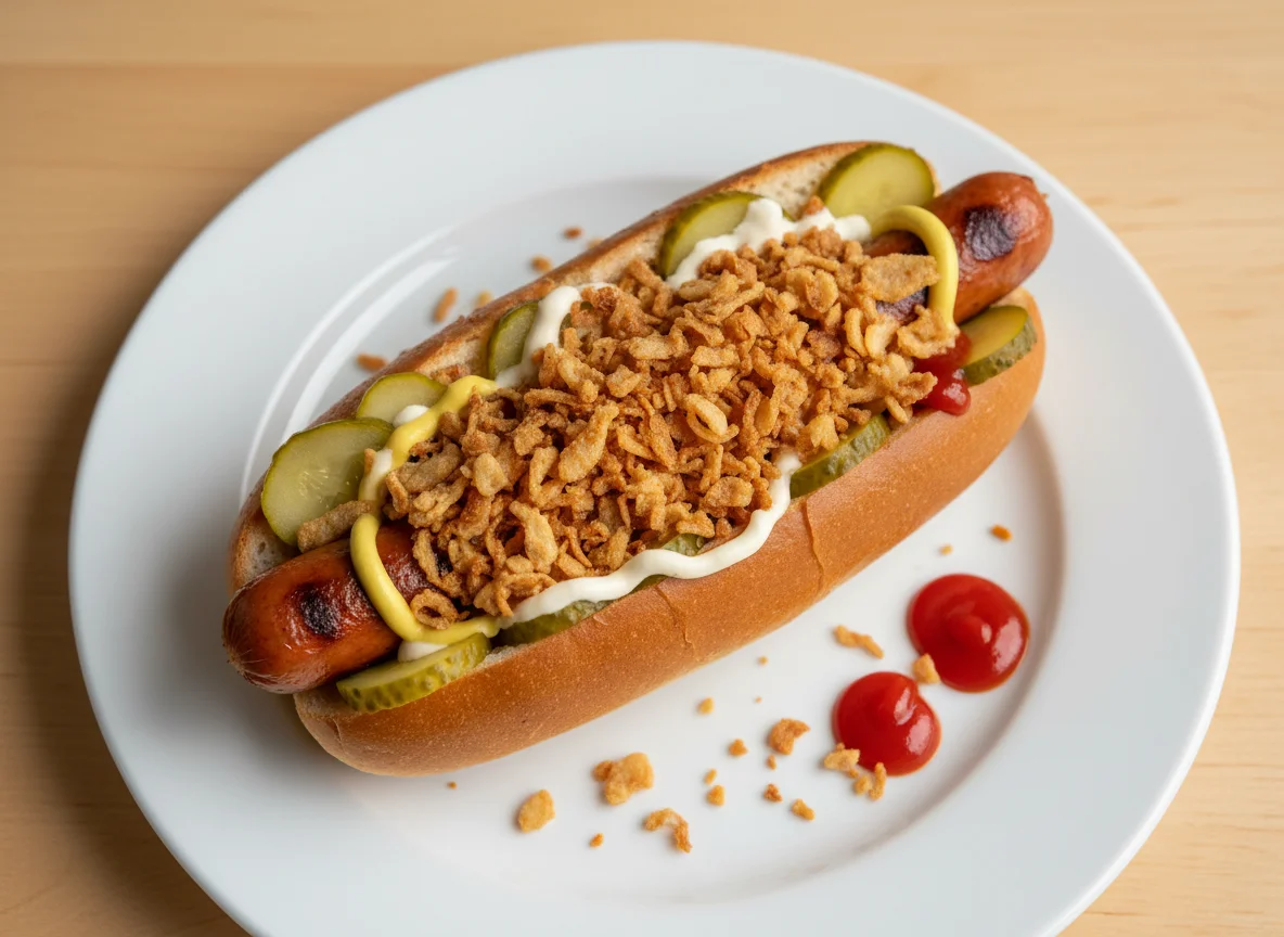 Hot Dog mit Röstzwiebeln und Gurken photo