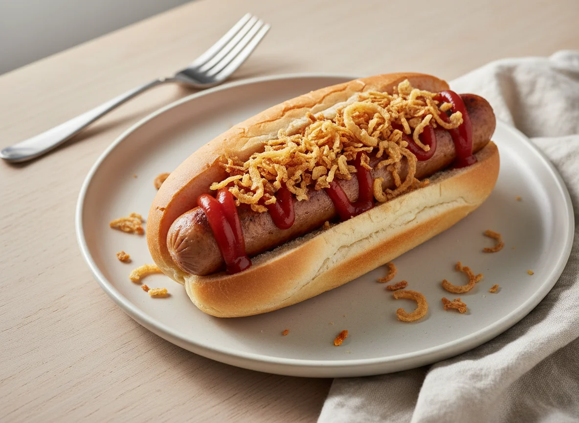 Hot Dog mit Röstzwiebeln und Ketchup photo