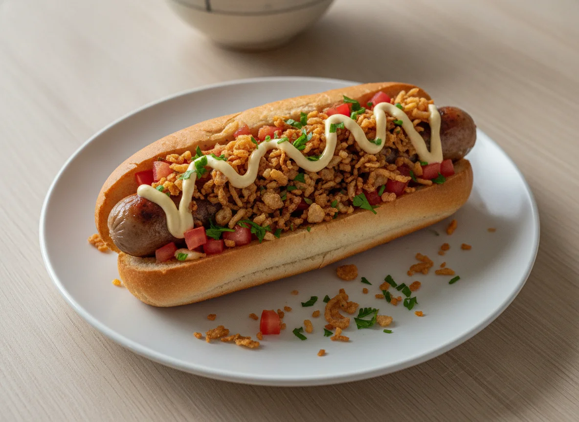 Hot Dog mit Röstzwiebeln und Sauce photo