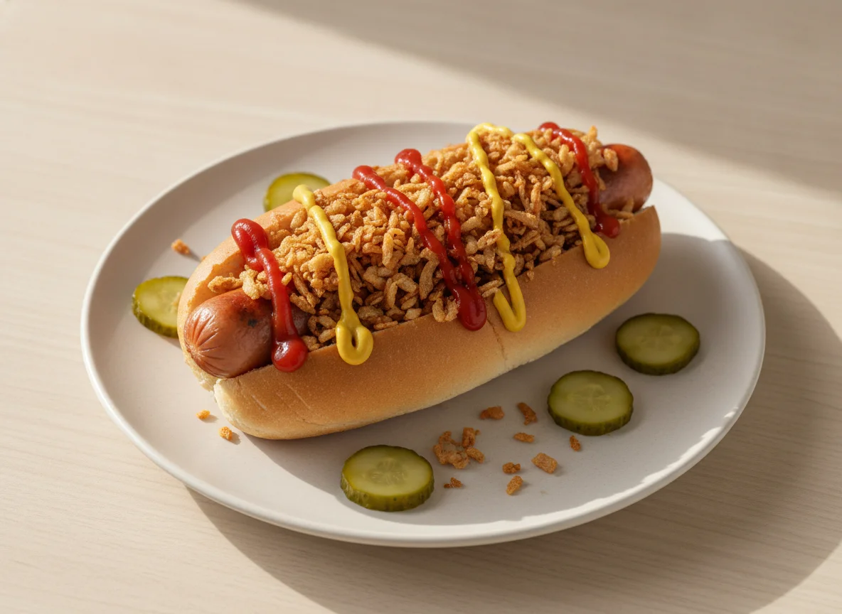 Hot Dog mit Röstzwiebeln und Saucen photo