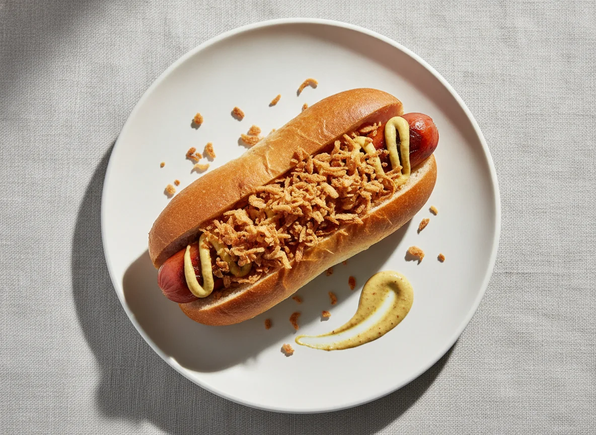Hot Dog mit Röstzwiebeln und Senf photo