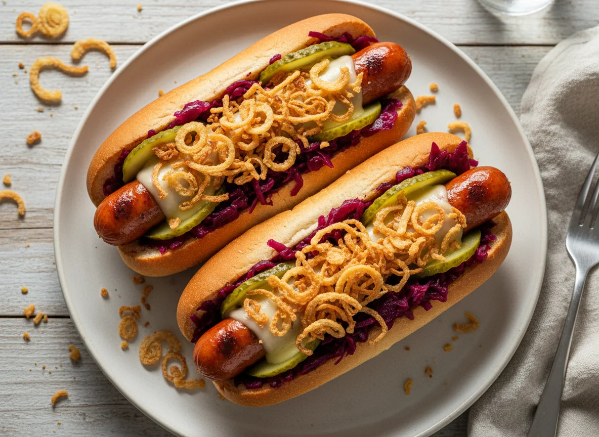 Hot Dogs mit Rotkohl und Röstzwiebeln photo