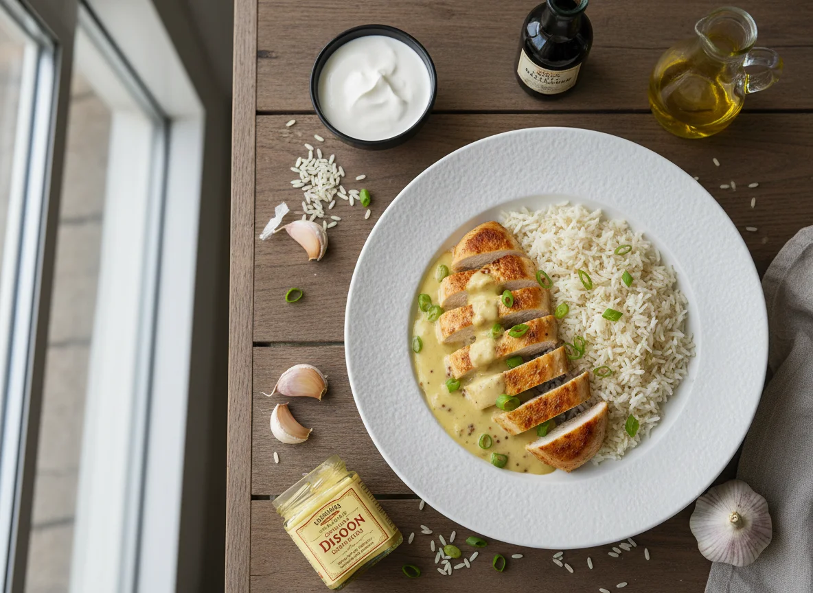 Hühnchen in cremiger Senf-Sahne-Sauce mit Reis photo
