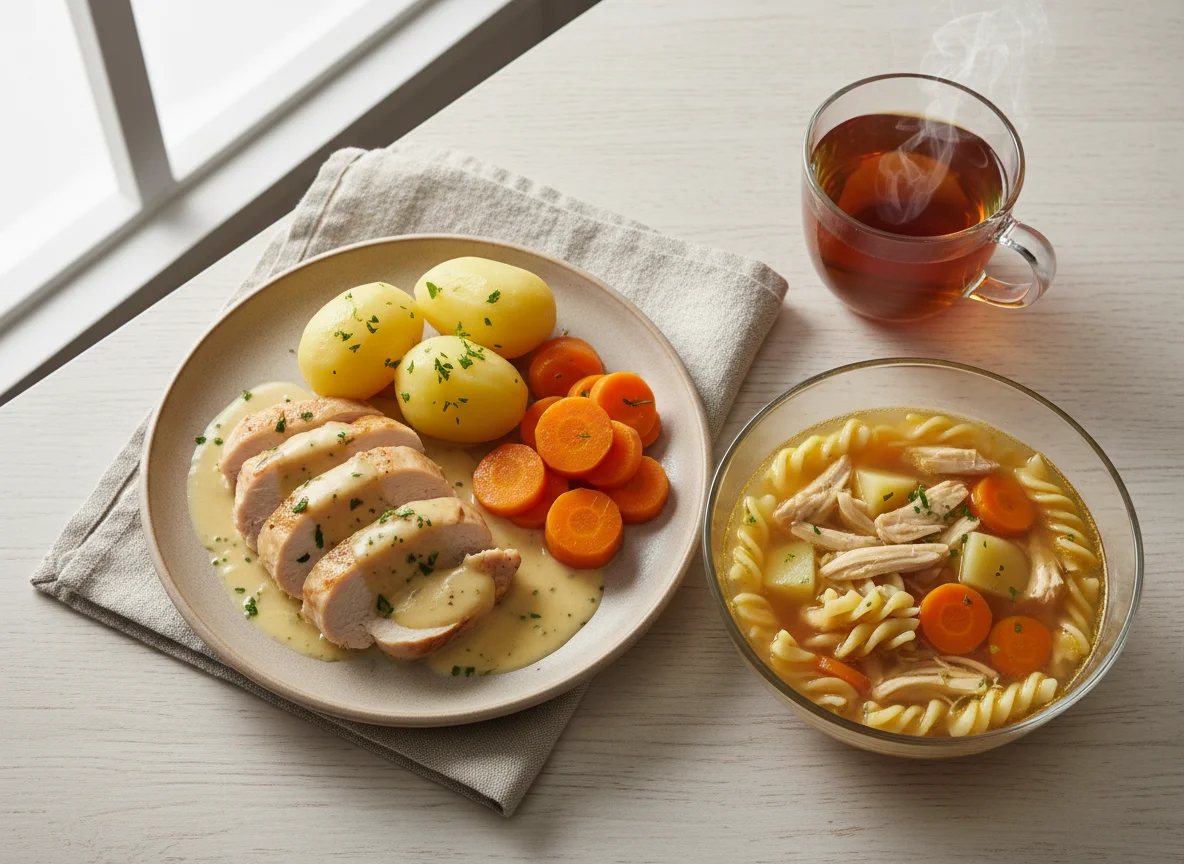 Hühnchen mit Kartoffeln und Nudelsuppe photo