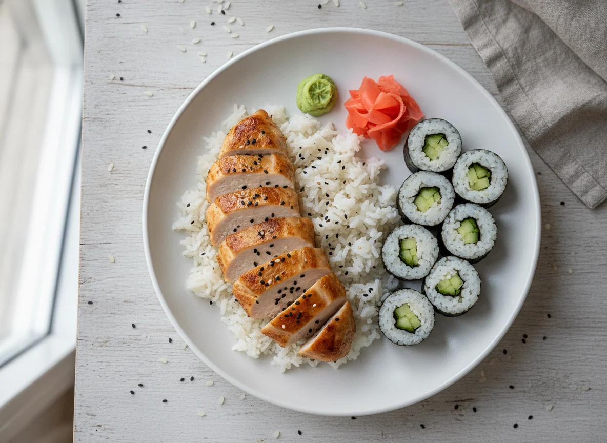 Hühnchen mit Reis und Gurken-Maki photo