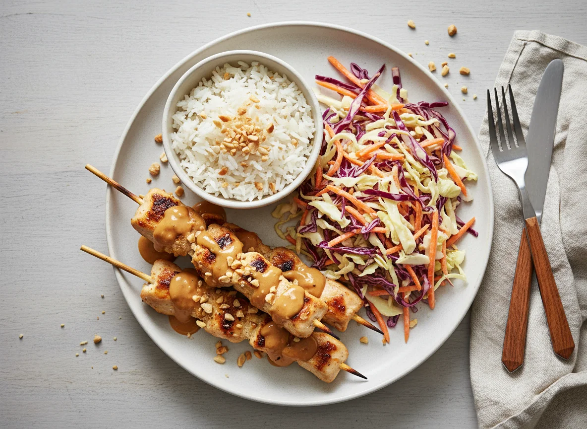 Hühnchen Satay mit Reis und Krautsalat photo