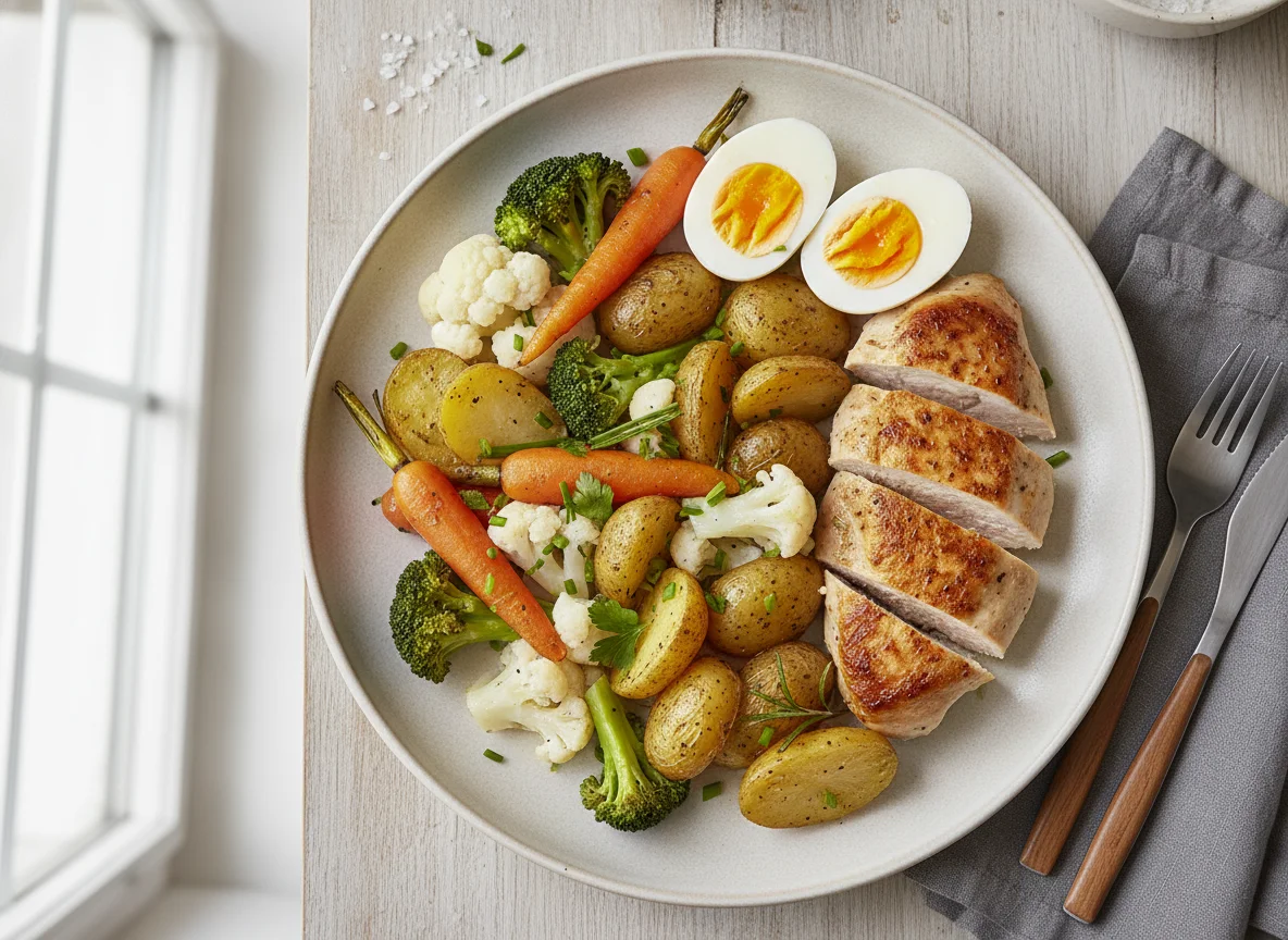Hühnchenbrust mit Ofenkartoffeln, Gemüse und gekochten Eiern photo