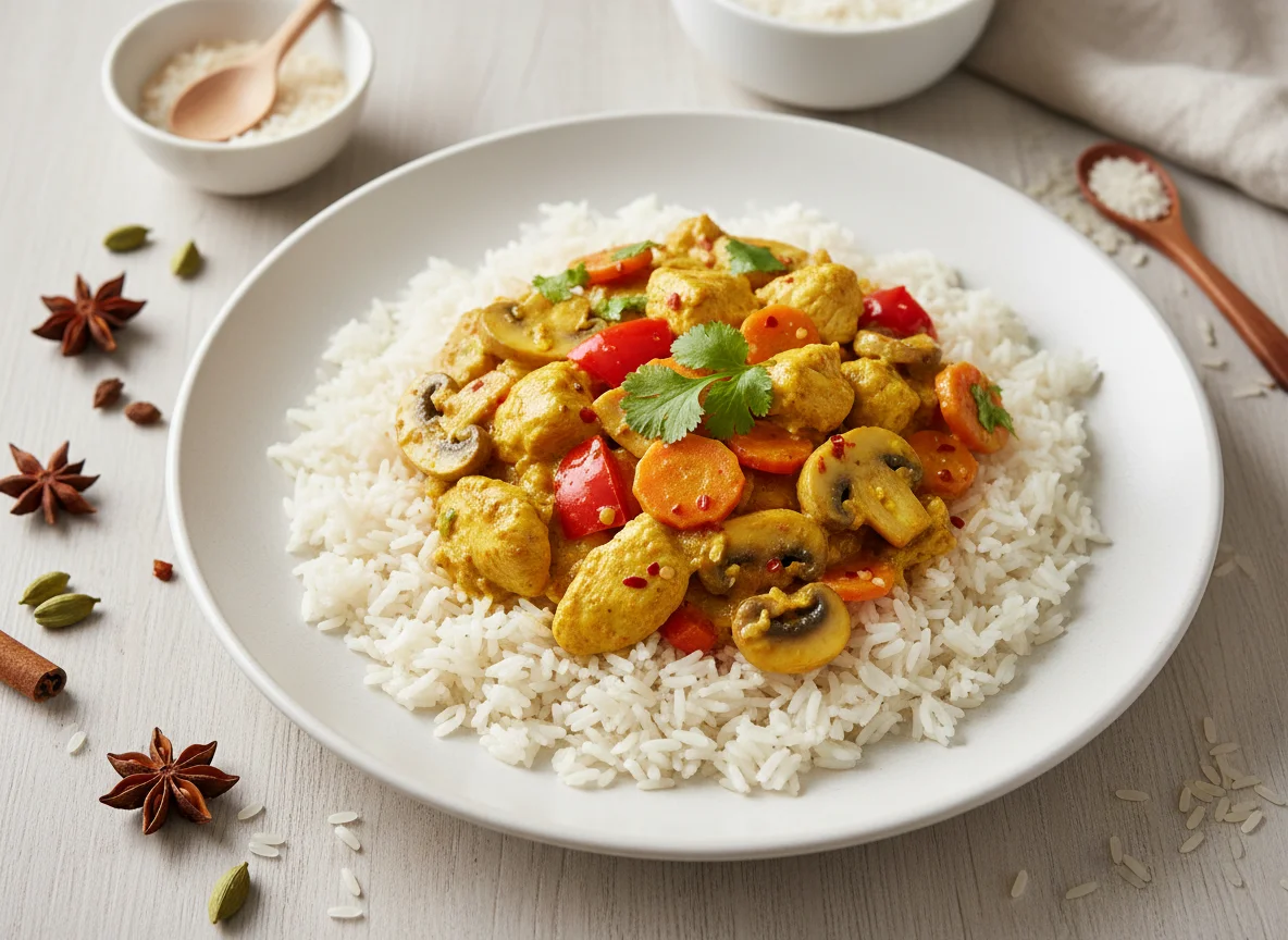 Hühnchencurry mit Kokosmilch, Paprika, Karotte und Champignons auf Reis photo