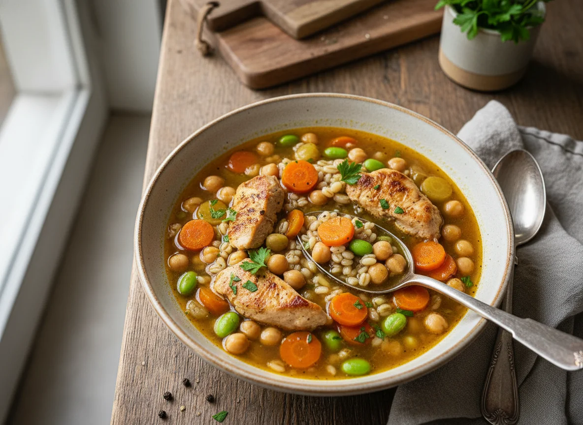 Hühnchen-Gemüse-Eintopf mit Gerste und Kichererbsen photo