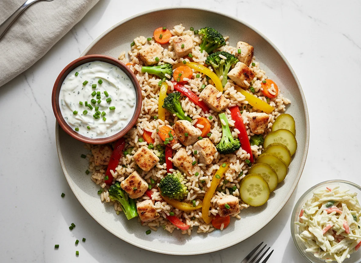 Hühnchen-Gemüse-Reis mit Beilagen photo