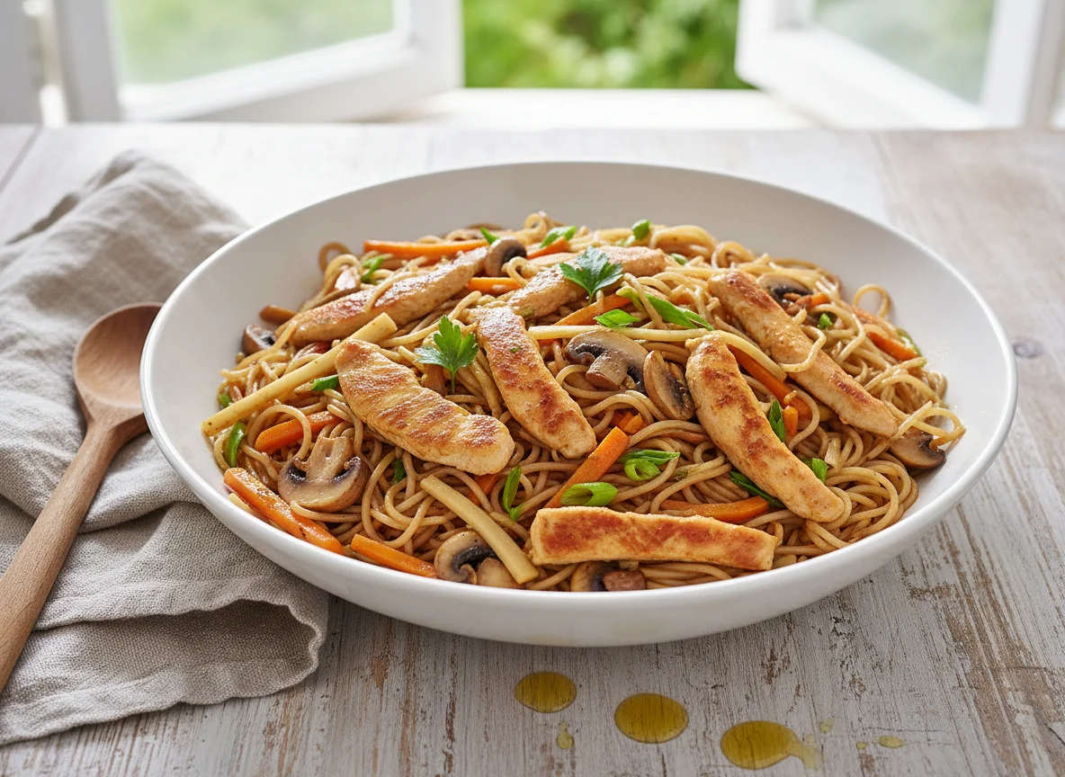 Hühnchen-Nudelpfanne mit Gemüse photo