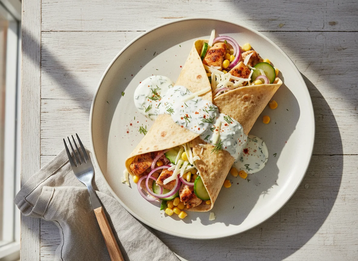 Hühnchen-Wrap mit Gemüse und Sauce photo