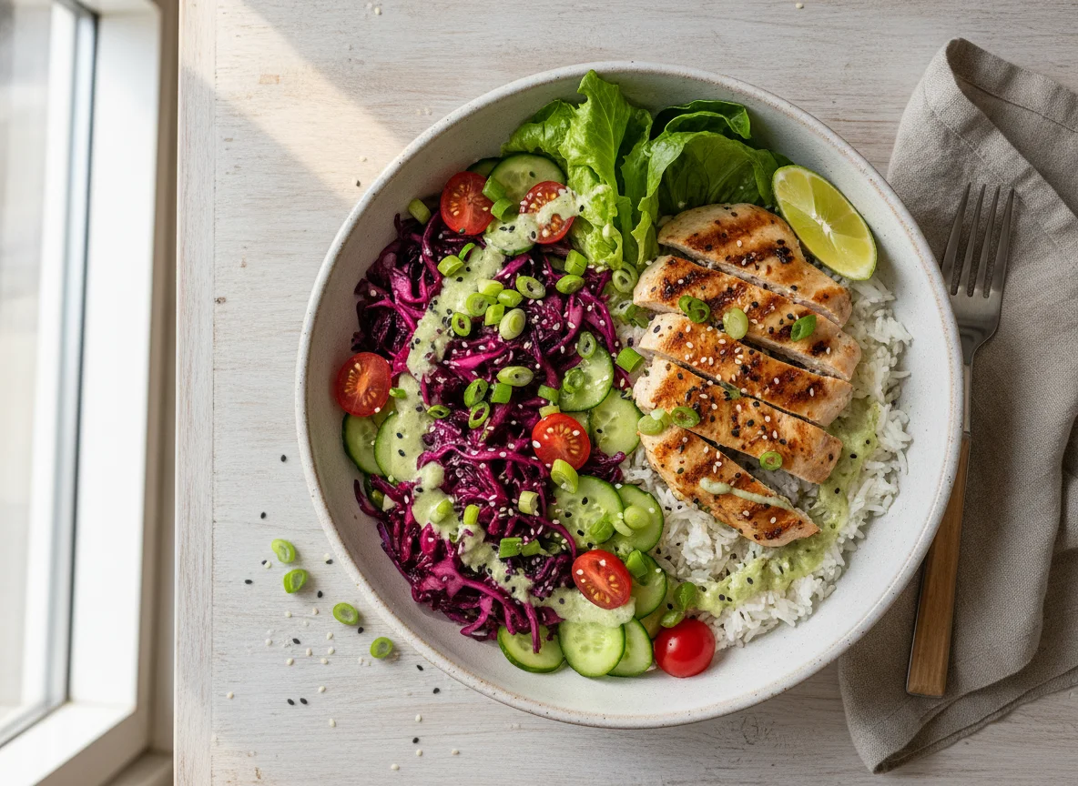 Hühner-Bowl mit Reis und Gemüse photo