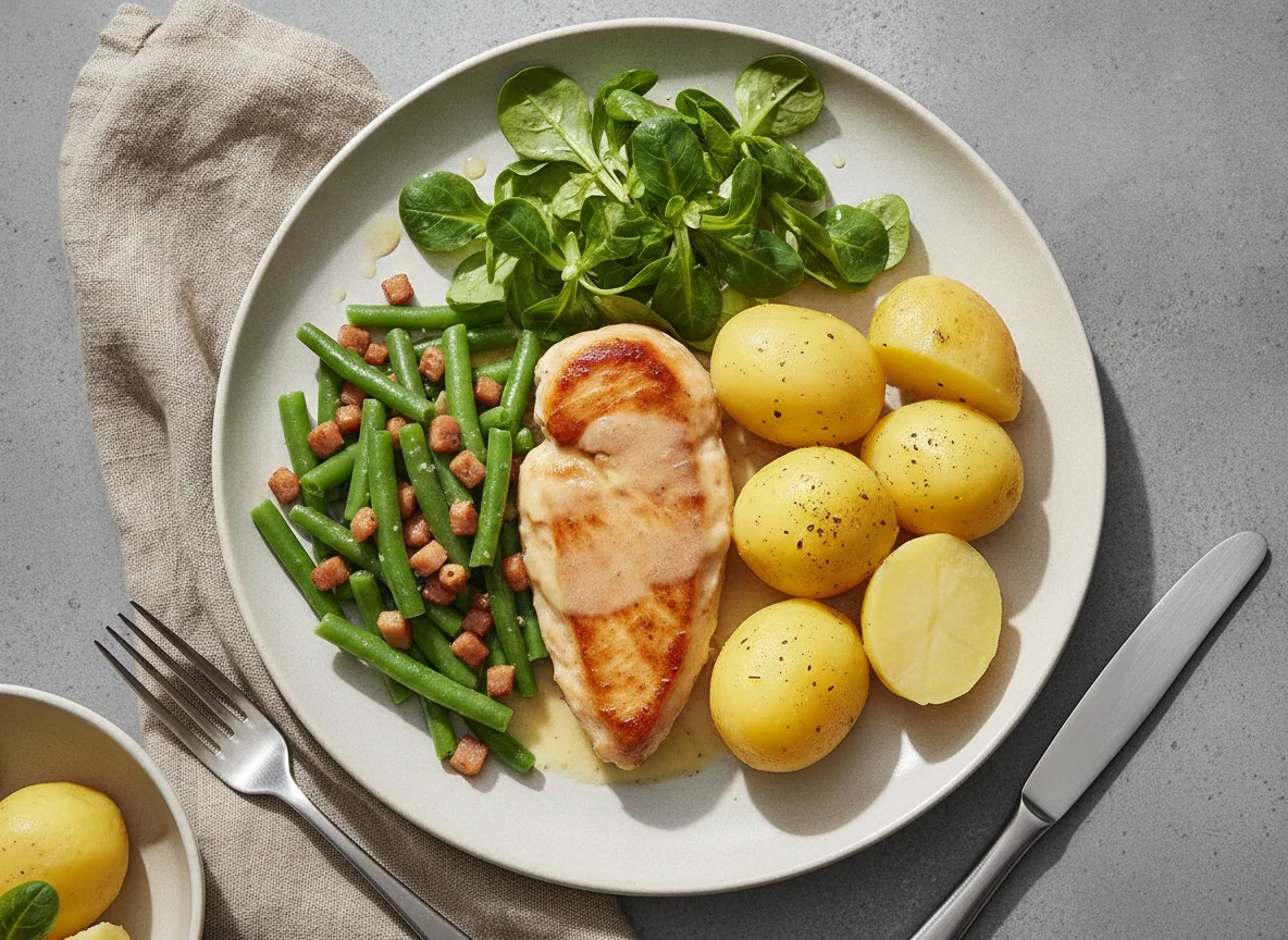 Hühnerbrust mit grünen Bohnen, Kartoffeln und Vogerlsalat photo