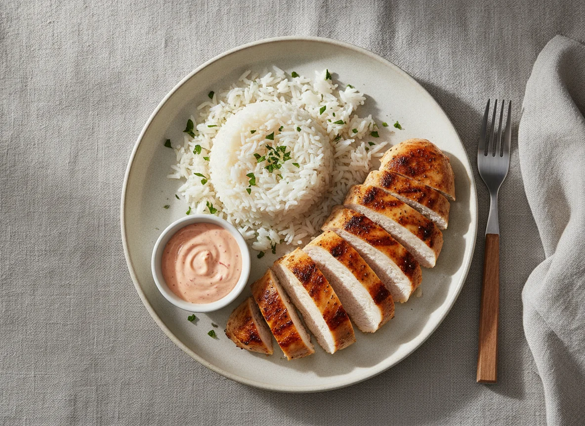 Hühnerbrust mit Reis und Sauce photo