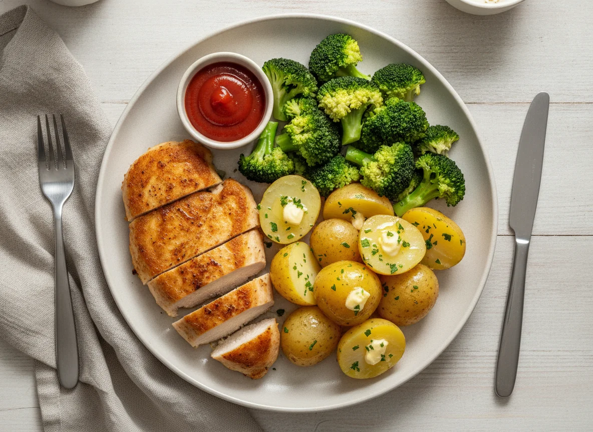 Hühnerbrust mit Salzkartoffeln, Brokkoli und Ketchup photo