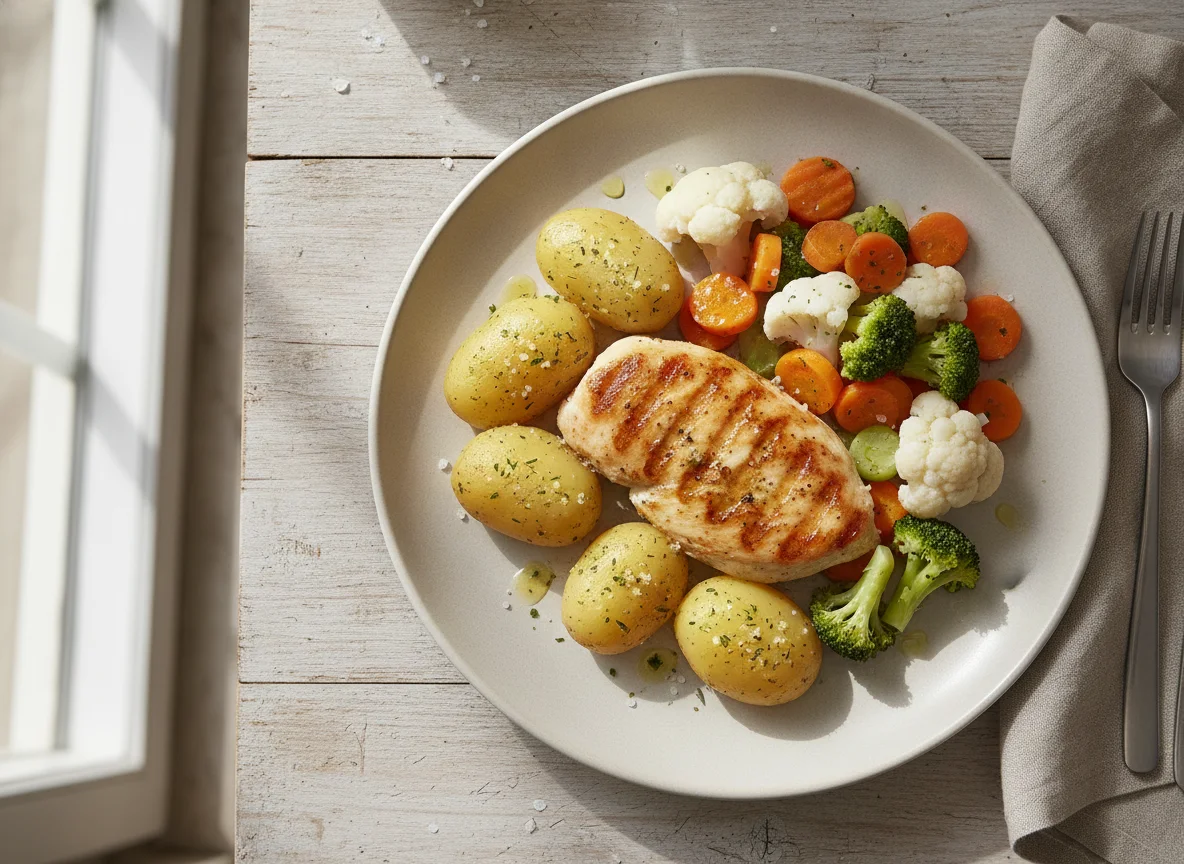 Hühnerbrust mit Salzkartoffeln und Mischgemüse photo
