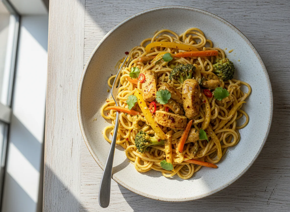 Hühner-Curry mit Nudeln und Gemüse photo