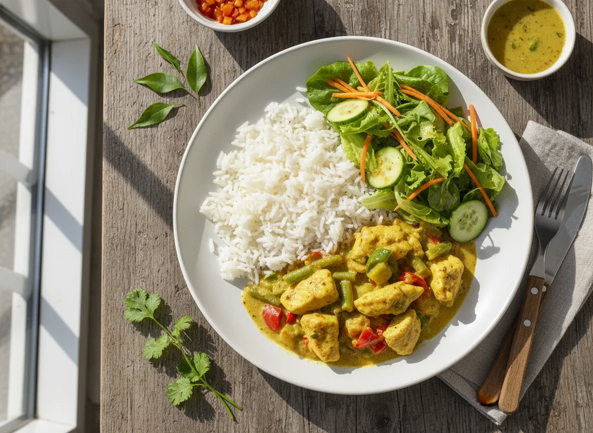 Hühnercurry mit Reis und Beilagensalat photo