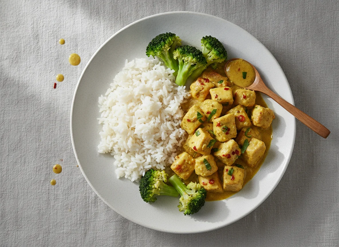 Hühnercurry mit Reis und Brokkoli photo