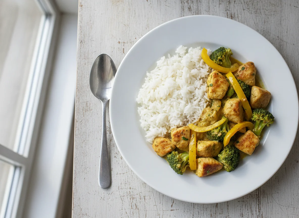 Hühner-Curry mit Reis und Brokkoli photo
