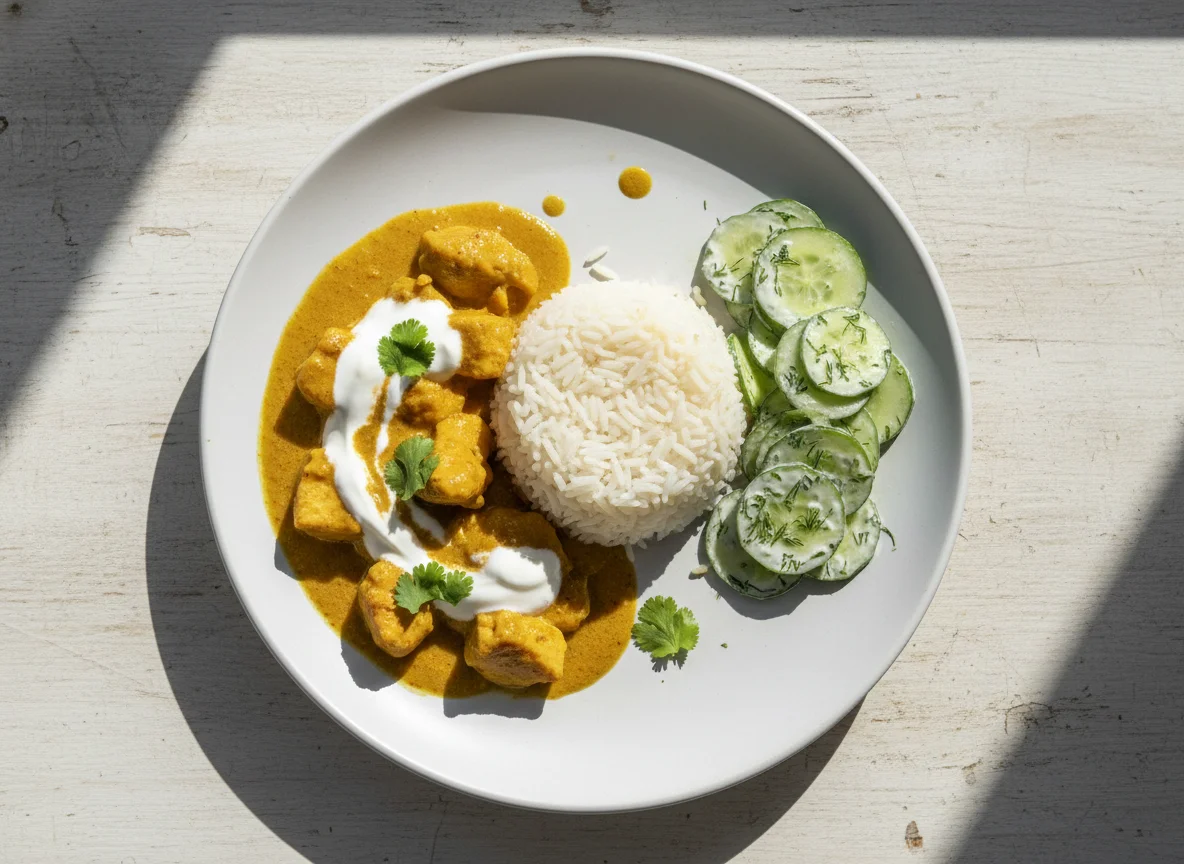 Hühnercurry mit Reis und Gurkensalat photo
