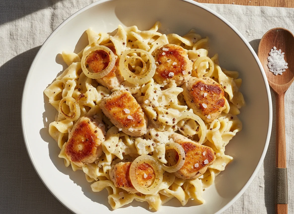 Hühnerfleisch mit Teigwaren und Zwiebeln photo