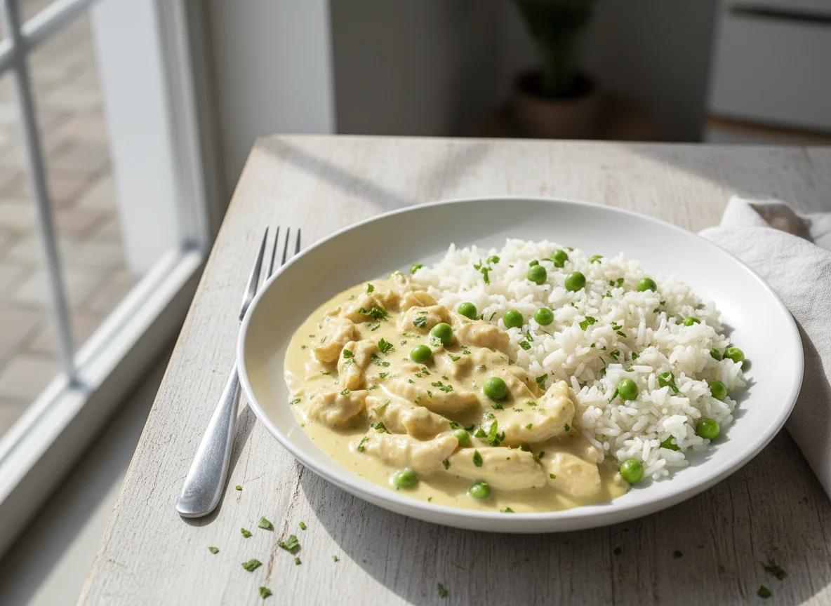 Hühnerfrikassee mit Reis und Erbsen photo