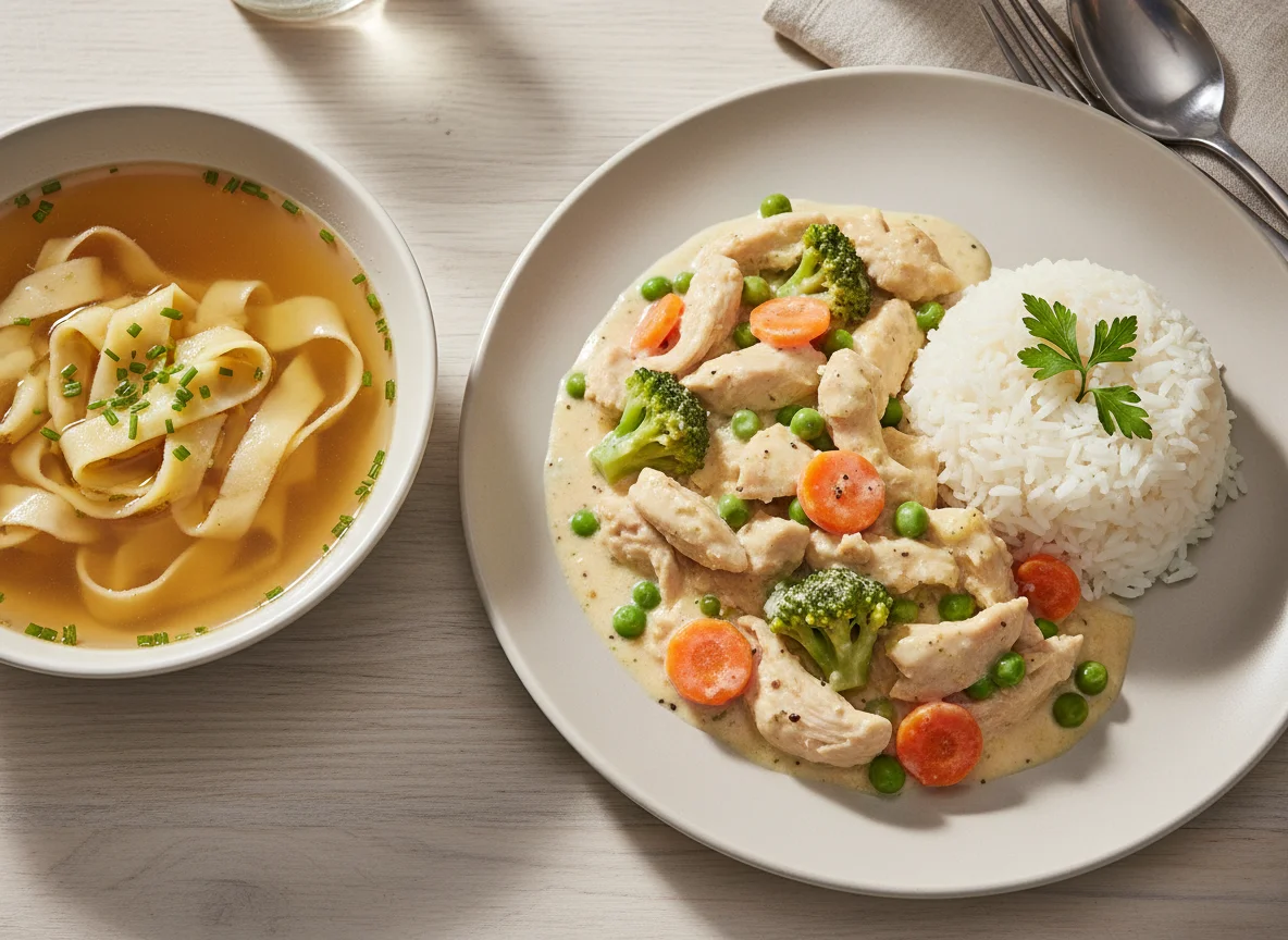 Hühnerfrikassee mit Reis und Frittatensuppe photo