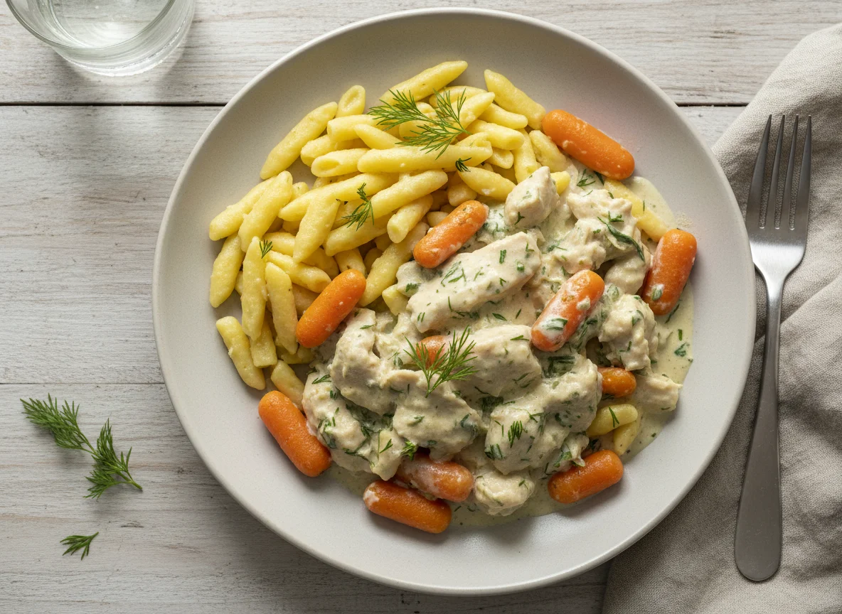 Hühnerfrikassee mit Spätzle und Karotten photo