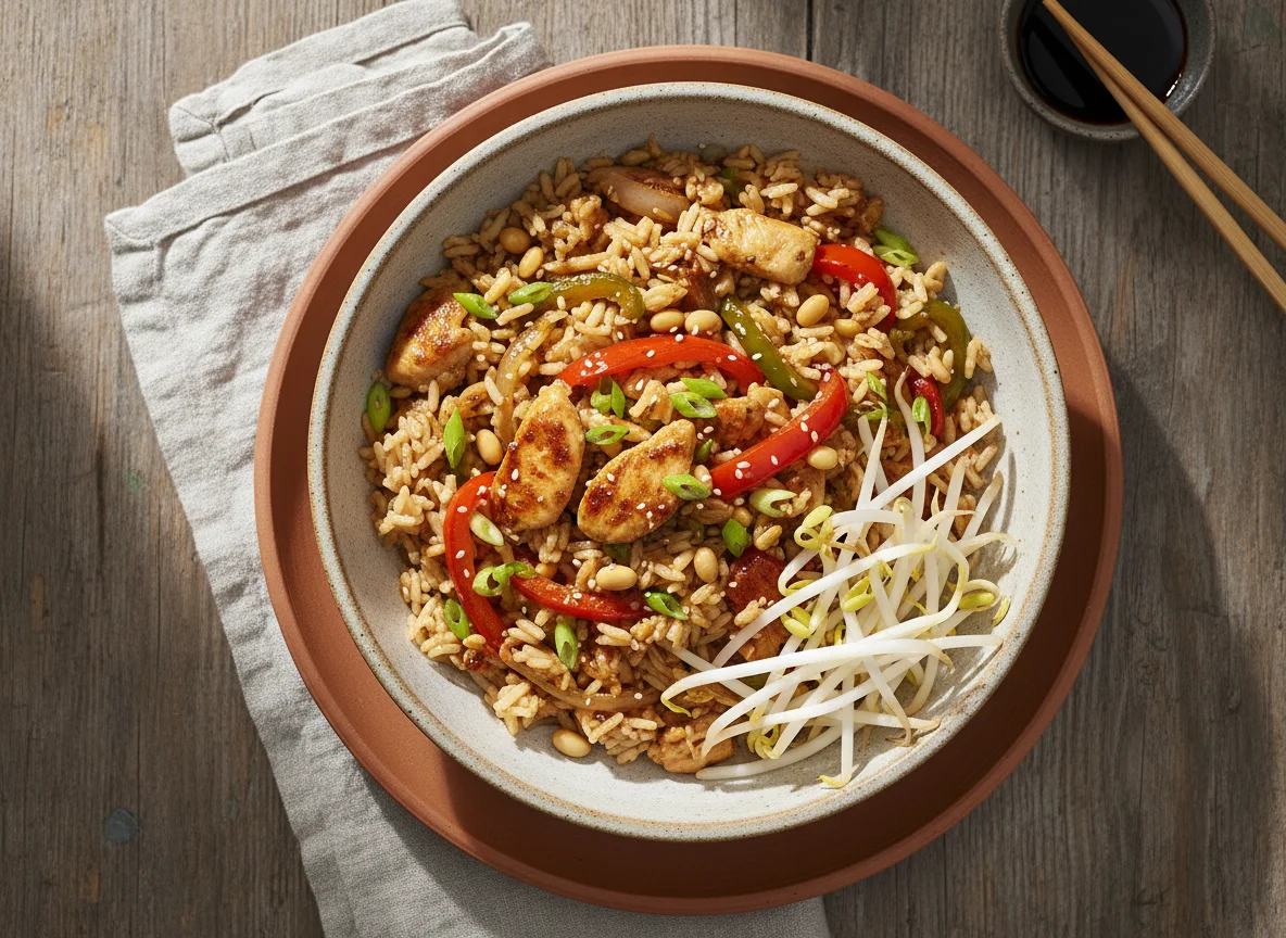 Hühner-Gemüse-Reis-Pfanne mit Sojasprossen photo