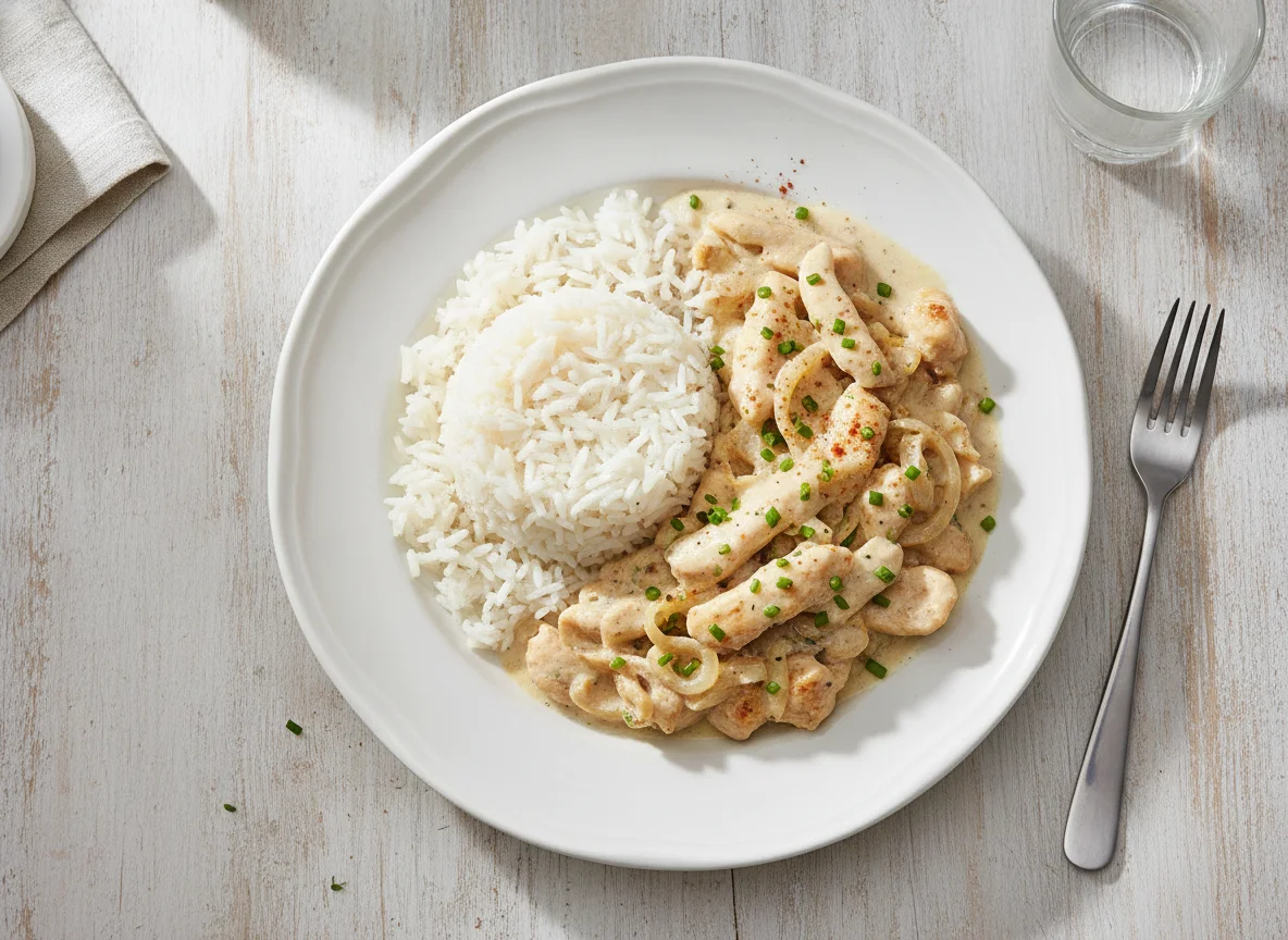 Hühnergeschnetzeltes in Rahmsauce mit Reis photo