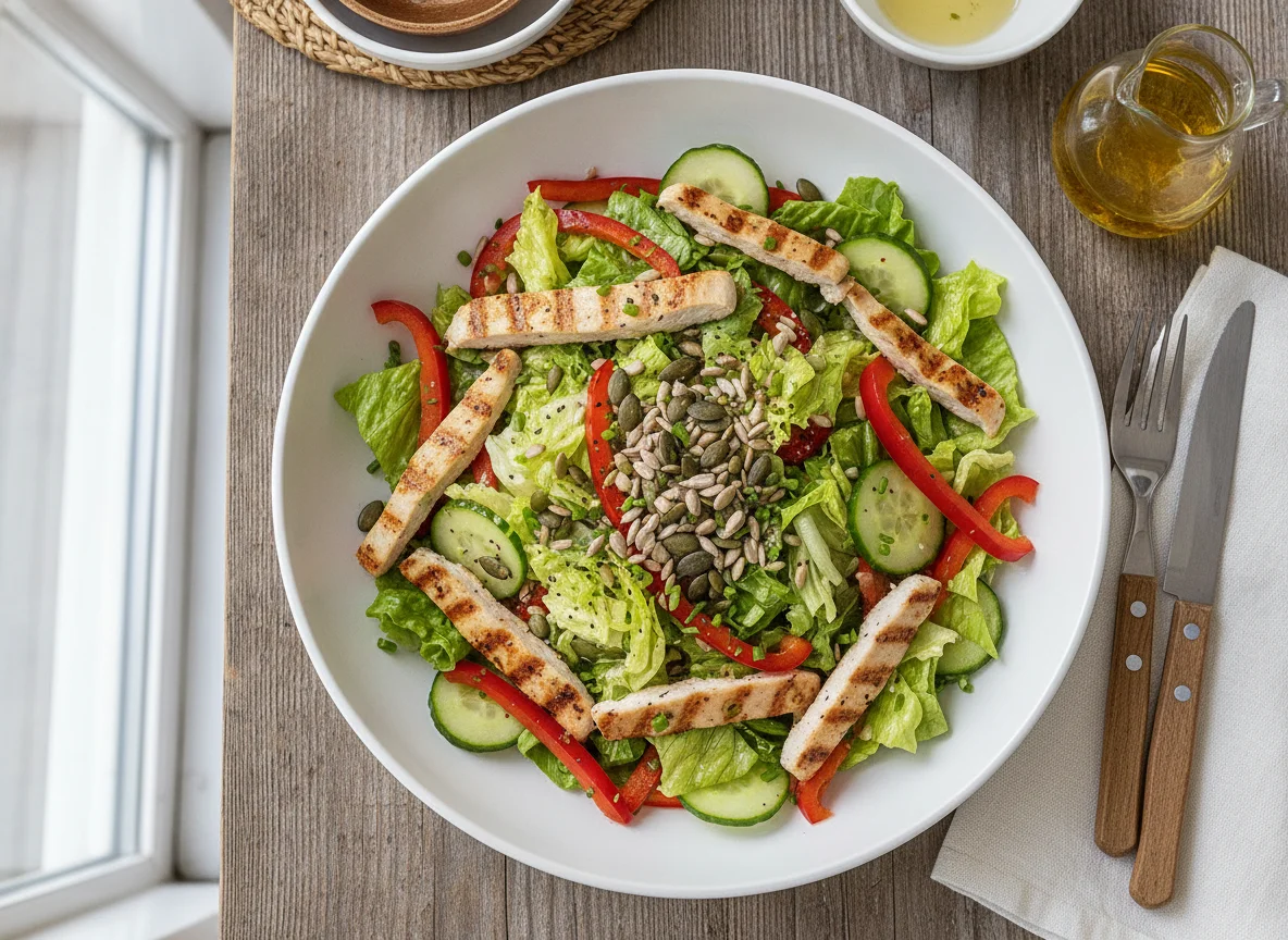 Hühnergeschnetzeltes mit gemischtem Salat photo