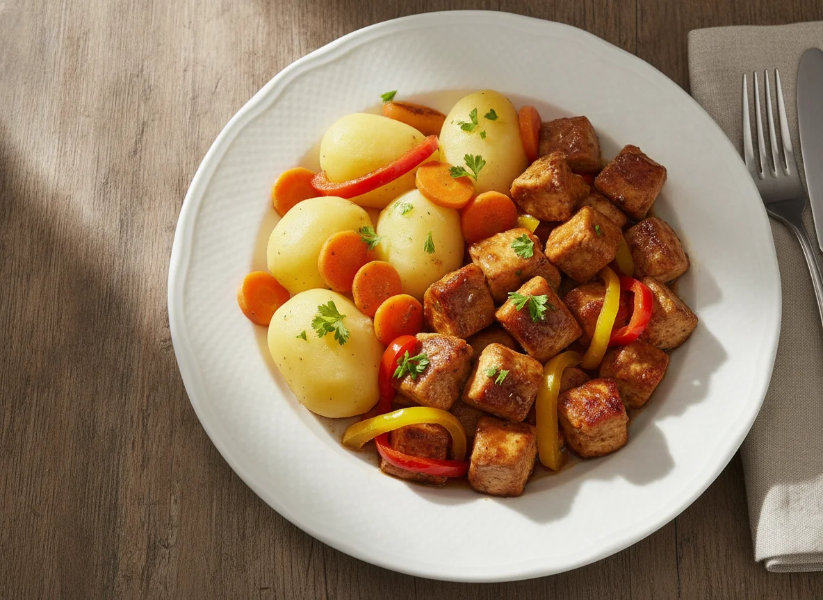 Hühnergeschnetzeltes mit Kartoffeln und Gemüse photo