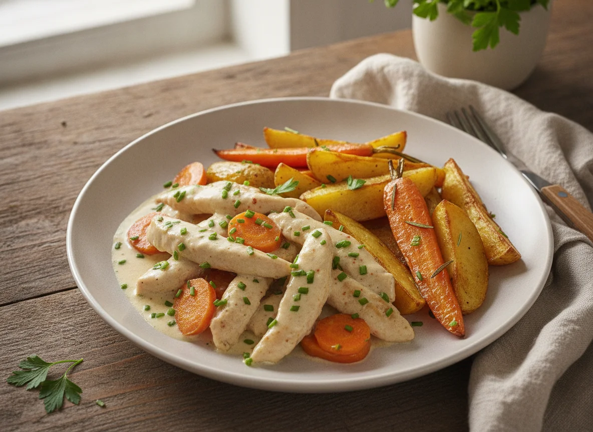 Hühnergeschnetzeltes mit Kartoffeln und Karotten photo