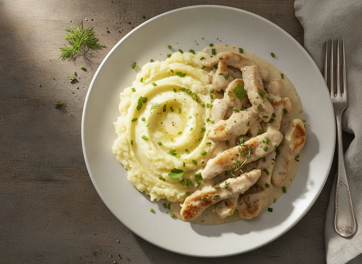 Hühnergeschnetzeltes mit Kartoffelpüree photo