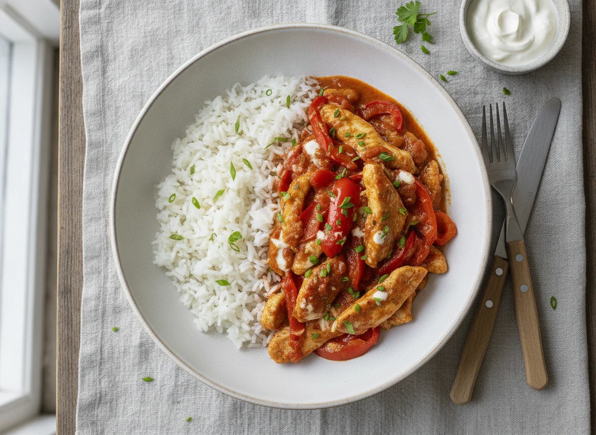 Hühnergeschnetzeltes mit Paprika und Reis photo