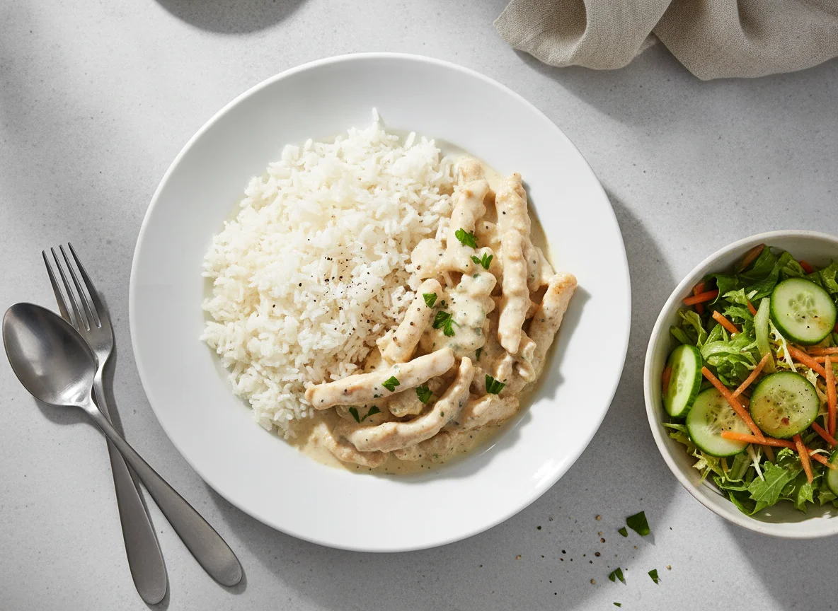 Hühnergeschnetzeltes mit Reis und Beilagensalat photo