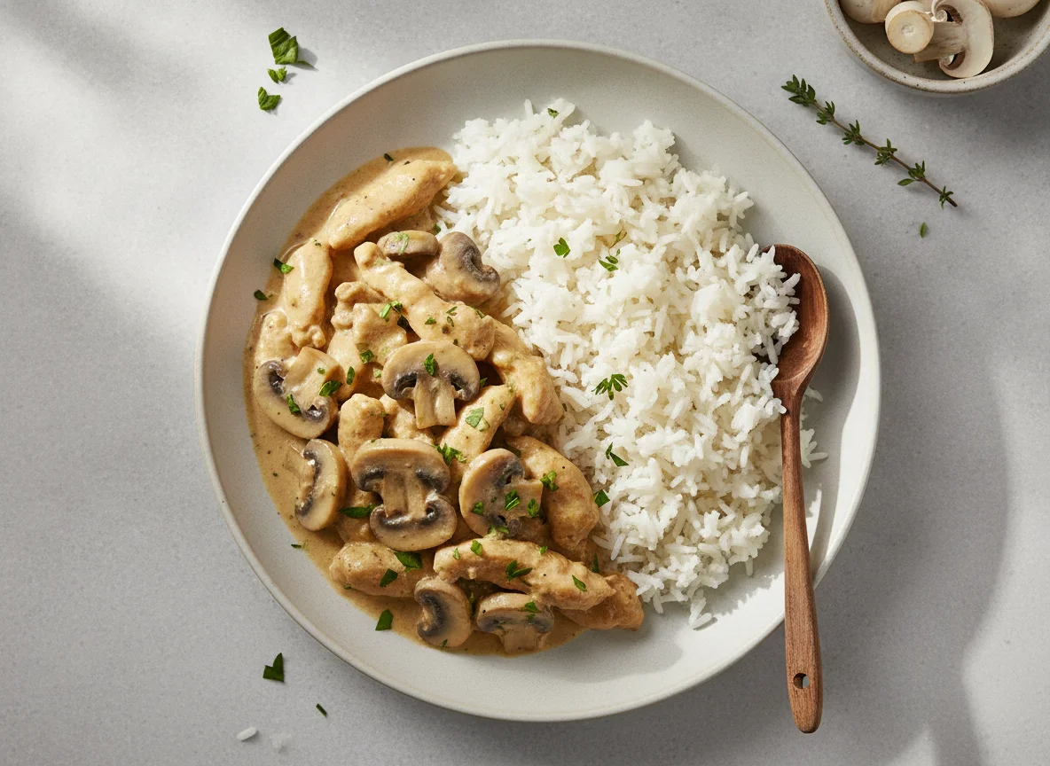 Hühnergeschnetzeltes mit Reis und Champignons photo