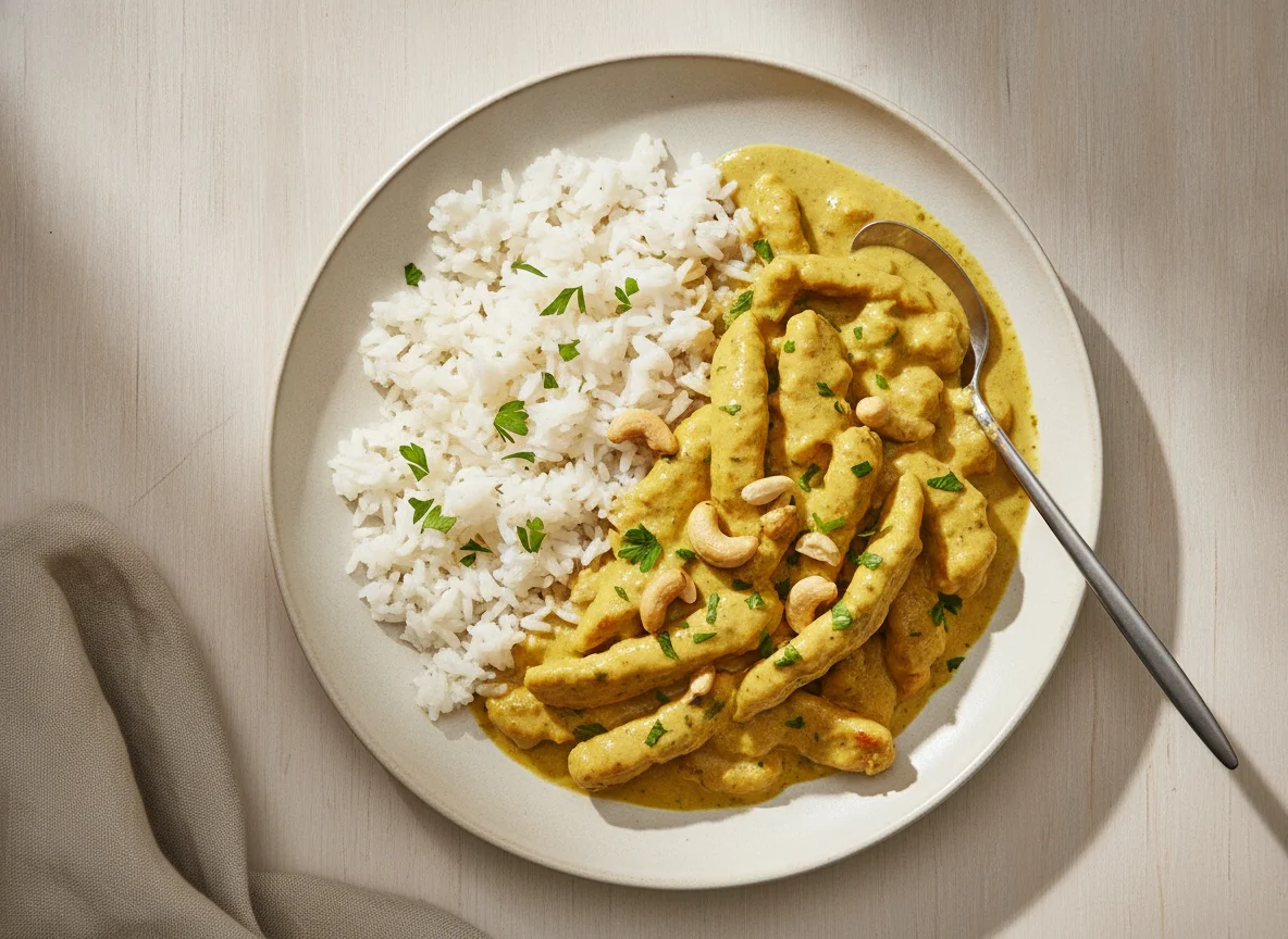 Hühnergeschnetzeltes mit Reis und Currysauce photo