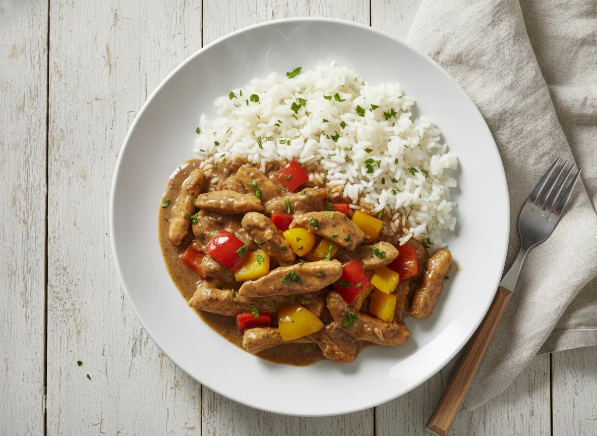 Hühnergeschnetzeltes mit Reis und Paprika photo