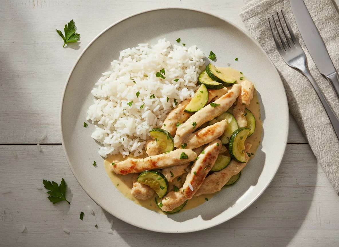 Hühnergeschnetzeltes mit Reis und Zucchini photo