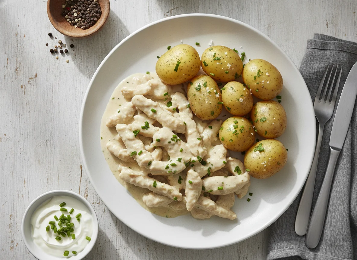 Hühnergeschnetzeltes mit Salzkartoffeln photo
