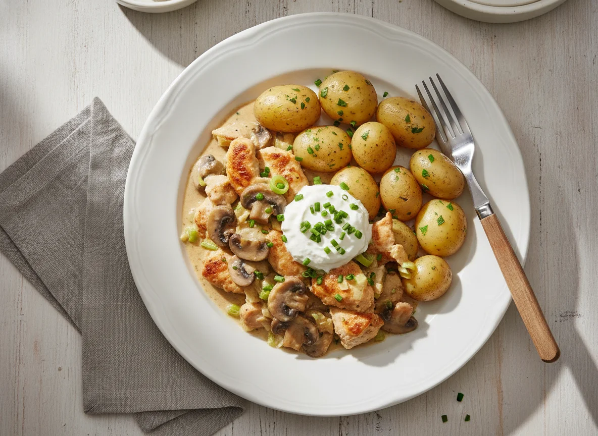 Hühnergeschnetzeltes mit Salzkartoffeln und Rahmsauce photo