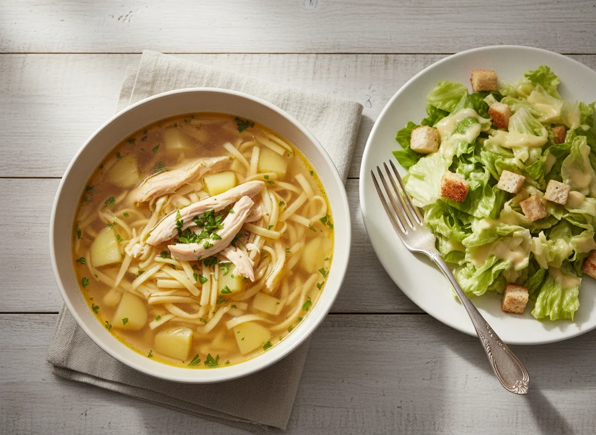 Hühnernudelsuppe mit Beilagensalat photo