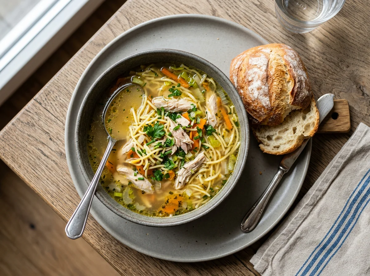 Hühnernudelsuppe mit Brötchen photo