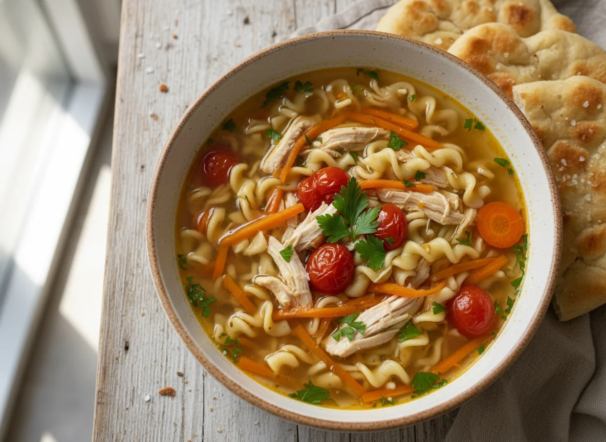 Hühnernudelsuppe mit Fladenbrot photo