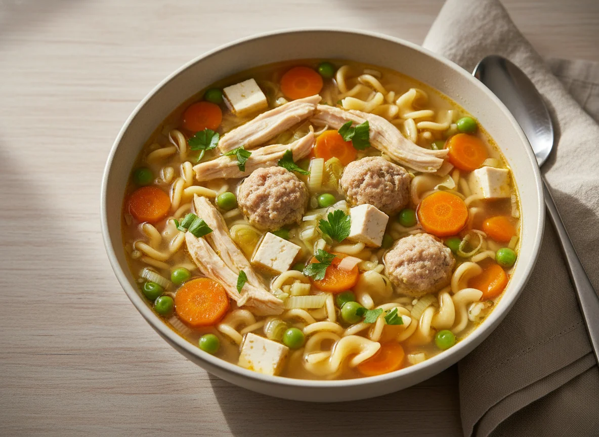 Hühnernudelsuppe mit Klößchen und Gemüse photo