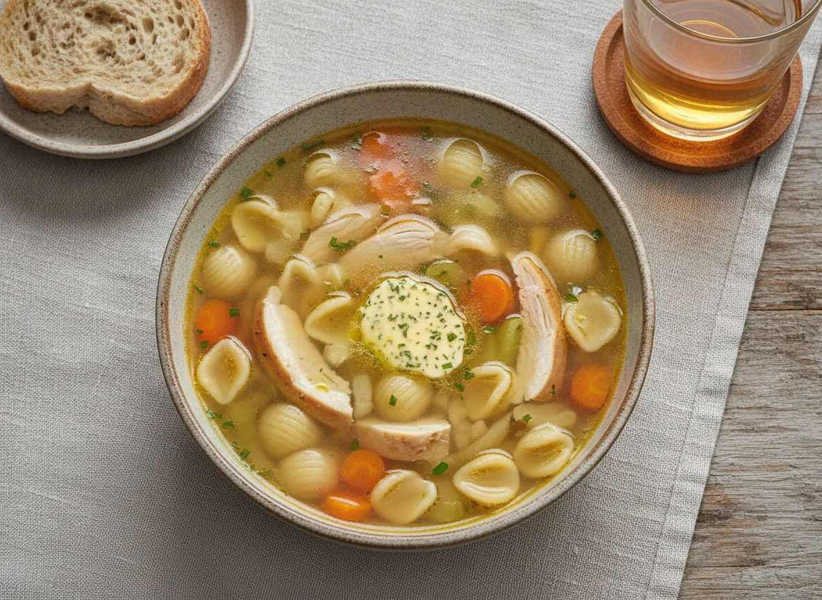 Hühnernudelsuppe mit Kräuterbutter und Saft photo