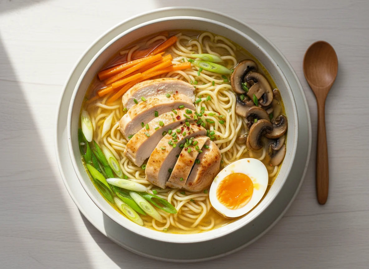 Hühner-Ramen mit Ei und Gemüse photo